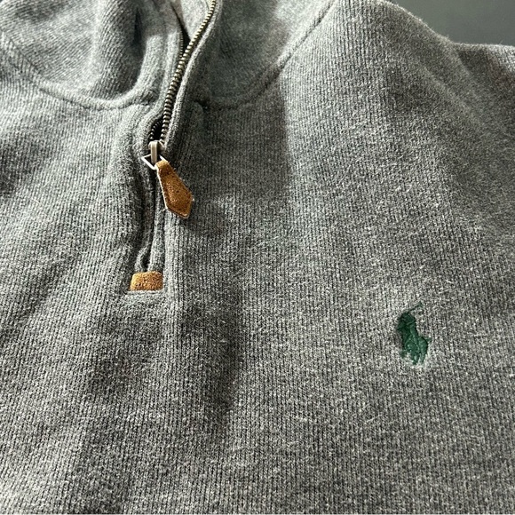 POLO Ralph Lauren Quarter Zip Sweater Men's Gray Green Pony Leather Pull Sz XL - Picture 5 of 7